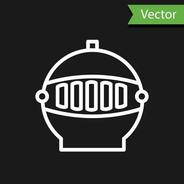 Línea blanca Casco de hierro medieval para la cabeza icono de protección aislado sobre fondo negro. Ilustración vectorial — Vector de stock