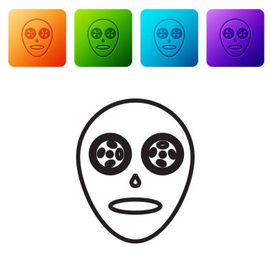 Yüz maskesi simgesi siyah çizgi beyaz arka planda izole edildi. Kozmetoloji, ilaç ve sağlık hizmetleri. Renkli kare düğmelerle simgeleri ayarla. Vektör İllüstrasyonu