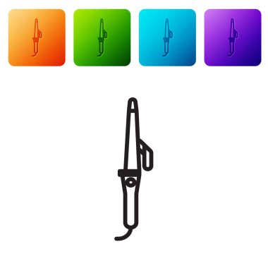 Saç ikonu için siyah çizgi saç maşası beyaz arkaplanda izole edilmiş. Saç düzleştirici ikonu. Renkli kare düğmelerle simgeleri ayarla. Vektör İllüstrasyonu