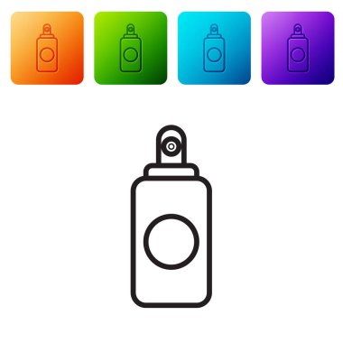 Oda spreyi için siyah çizgi spreyi, saç spreyi, deodorant, beyaz arka planda izole edilmiş terleme önleyici ikon. Renkli kare düğmelerle simgeleri ayarla. Vektör İllüstrasyonu