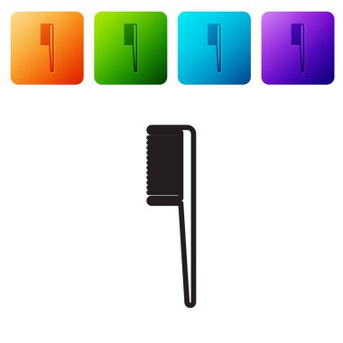 Beyaz arkaplanda siyah çizgi saç fırçası simgesi izole edildi. Taraklı saç işareti. Berber sembolü. Renkli kare düğmelerle simgeleri ayarla. Vektör İllüstrasyonu