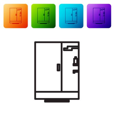 Beyaz arkaplanda siyah çizgi duş kabini simgesi izole edildi. Renkli kare düğmelerle simgeleri ayarla. Vektör İllüstrasyonu