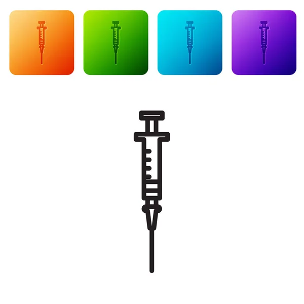 Svart linje Spruta ikon isolerad på vit bakgrund. Spruta för vaccin, vaccination, injektion, influensaspruta. Medicinsk utrustning. Ställ ikoner i färg fyrkantiga knappar. Vektor Illustration — Stock vektor