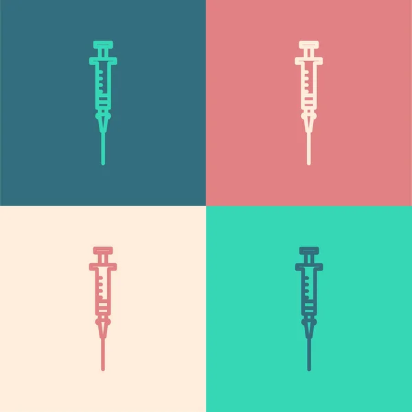 Línea de color Icono de jeringa aislado sobre fondo de color. Jeringa para vacuna, vacunación, inyección, vacuna contra la gripe. Equipo médico. Ilustración vectorial — Vector de stock