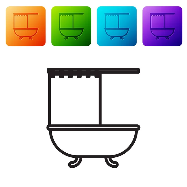 Linha preta Banheira com ícone de cortina de chuveiro aberto isolado no fundo branco. Definir ícones em botões quadrados de cor. Ilustração vetorial — Vetor de Stock