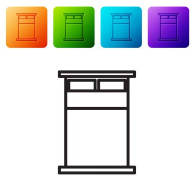 Siyah çizgi. Beyaz arka planda iki ya da bir kişi için büyük yatak. Renkli kare düğmelerle simgeleri ayarla. Vektör İllüstrasyonu