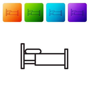 Siyah çizgi yatak simgesi beyaz arkaplanda izole edildi. Renkli kare düğmelerle simgeleri ayarla. Vektör İllüstrasyonu