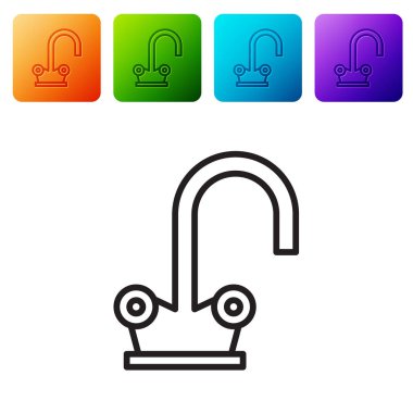 Siyah çizgi su musluğu simgesi beyaz arkaplanda izole edildi. Renkli kare düğmelerle simgeleri ayarla. Vektör İllüstrasyonu