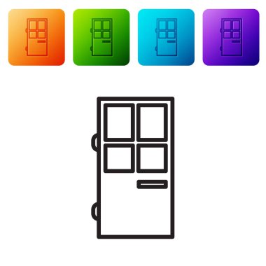 Siyah çizgi kapalı kapı simgesi beyaz arkaplanda izole edildi. Renkli kare düğmelerle simgeleri ayarla. Vektör İllüstrasyonu