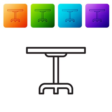 Siyah çizgi yuvarlak masa simgesi beyaz arkaplanda izole edildi. Renkli kare düğmelerle simgeleri ayarla. Vektör İllüstrasyonu