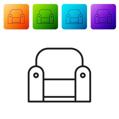 Siyah renkli Armchair simgesi beyaz arkaplanda izole edildi. Renkli kare düğmelerle simgeleri ayarla. Vektör İllüstrasyonu