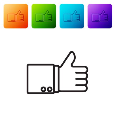 Siyah çizgili el başparmağı beyaz arkaplanda izole edilmiş bir simge. Renkli kare düğmelerle simgeleri ayarla. Vektör İllüstrasyonu