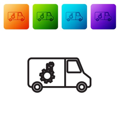 Siyah çizgi araba servis simgesi beyaz arkaplanda izole edildi. Tamirci oto tamircisi. Bakım tabelası. Renkli kare düğmelerle simgeleri ayarla. Vektör İllüstrasyonu