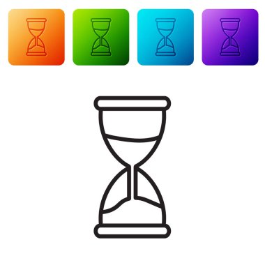 Siyah çizgi Beyaz zemin üzerinde kum ikonu akan eski kum saati. Kum saati işareti. İş ve zaman yönetimi kavramı. Renkli kare düğmelerle simgeleri ayarla. Vektör İllüstrasyonu