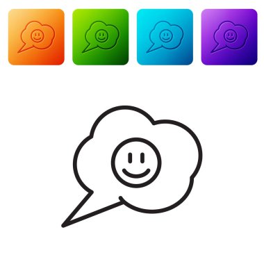 Beyaz arka planda izole edilmiş gülen yüz simgesi olan siyah çizgi konuşma balonu. Gülümseyen ifade. Mutlu gülümseme sohbet sembolleri. Renkli kare düğmelerle simgeleri ayarla. Vektör İllüstrasyonu