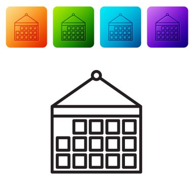 Siyah çizgi takvim simgesi beyaz arkaplanda izole edildi. Olay hatırlatma sembolü. Renkli kare düğmelerle simgeleri ayarla. Vektör İllüstrasyonu