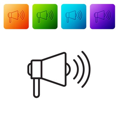 Siyah çizgi Megafon simgesi beyaz arkaplanda izole edildi. Yüksek sesle konuşma uyarısı. Ağızlık için megafon, terfi diye bağırıyor. Renkli kare düğmelerle simgeleri ayarla. Vektör İllüstrasyonu