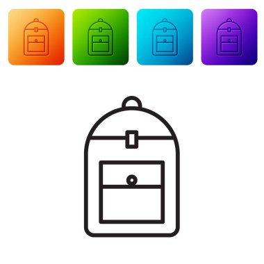 Beyaz arkaplanda siyah çizgi sırt çantası simgesi izole edildi. Renkli kare düğmelerle simgeleri ayarla. Vektör İllüstrasyonu