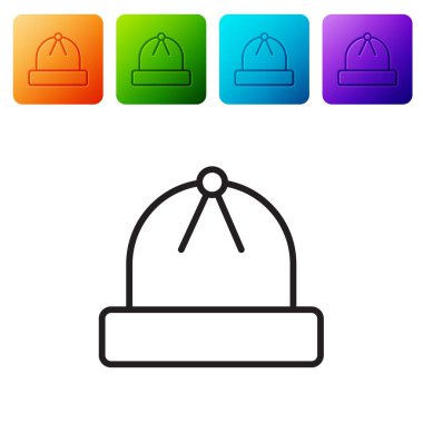 Siyah çizgi kış şapkası simgesi beyaz arkaplanda izole edildi. Renkli kare düğmelerle simgeleri ayarla. Vektör İllüstrasyonu