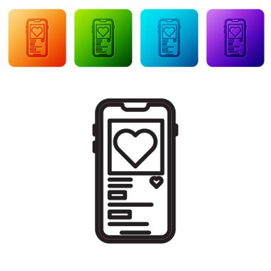 Beyaz arka planda kalp ikonu olan siyah hat cep telefonu. Sevgililer Günü. Renkli kare düğmelerle simgeleri ayarla. Vektör İllüstrasyonu