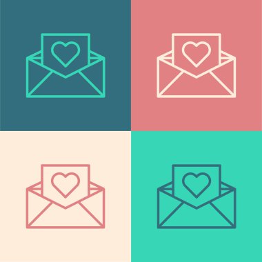 Renk arkaplan üzerinde sevgililer günü kalp ikonu olan renkli zarf. Mesaj aşkım. Aşk ve romantizm mektubu. Vektör İllüstrasyonu