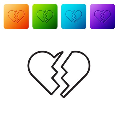 Siyah çizgi, kırık kalp ya da beyaz arka planda izole edilmiş boşanma ikonu. Aşk sembolü. Sevgililer Günü. Renkli kare düğmelerle simgeleri ayarla. Vektör İllüstrasyonu