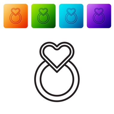 Siyah çizgi alyans simgesi beyaz arkaplanda izole edildi. Gelin ve damat mücevher tabelası. Evlilik sembolü. Elmas yüzük. Renkli kare düğmelerle simgeleri ayarla. Vektör İllüstrasyonu