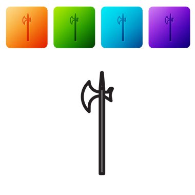 Siyah çizgi Ortaçağ Halberd simgesi beyaz arkaplanda izole edildi. Ortaçağ silahı. Renkli kare düğmelerle simgeleri ayarla. Vektör İllüstrasyonu