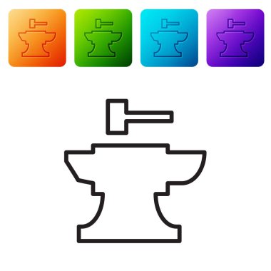 Demircilik için siyah çizgi örs ve beyaz arka planda izole edilmiş çekiç simgesi. Metal dövmesi. Kalpazanlık aleti. Renkli kare düğmelerle simgeleri ayarla. Vektör İllüstrasyonu