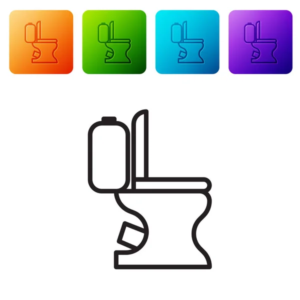 Siyah çizgi tuvalet klozeti ikonu beyaz arka planda izole edilmiş. Renkli kare düğmelerle simgeleri ayarla. Vektör İllüstrasyonu — Stok Vektör