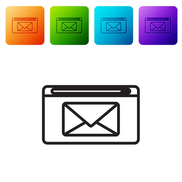 Zwarte lijn Mail en e-mail icoon geïsoleerd op witte achtergrond. Envelop symbool e-mail. E-mailbericht teken. Stel pictogrammen in kleur vierkante knoppen. Vector Illustratie — Stockvector