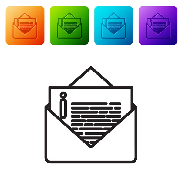 검은 선 Envelope 아이콘은 흰색 배경에서 분리되었다. 이메일 문자 기호. 아이콘을 색 네모 단추에 넣는다. 사기적 인 예 — 스톡 벡터