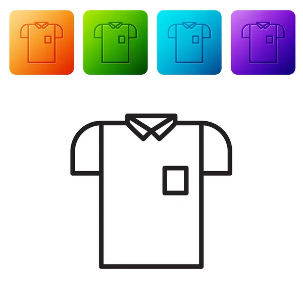 Μαύρη γραμμή Polo πουκάμισο εικονίδιο απομονώνονται σε λευκό φόντο. Ορισμός εικονιδίων σε χρωματιστά τετράγωνα κουμπιά. Εικονογράφηση διανύσματος — Διανυσματικό Αρχείο