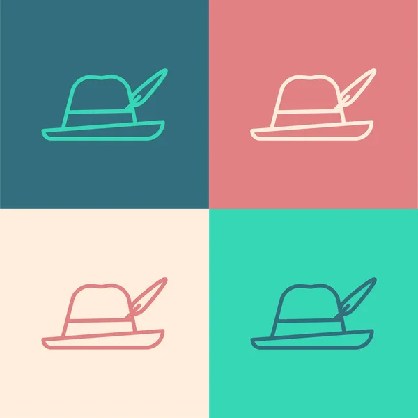 Color line Oktoberfest hat icon isolated on color background. Hunter hat with feather. German hat. Vector Illustration — ストックベクタ