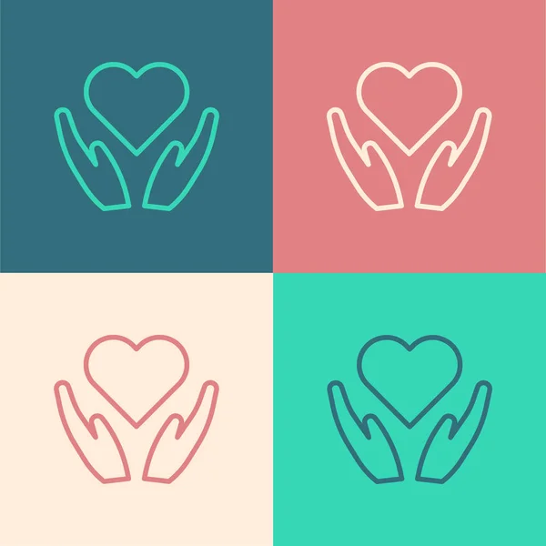 Farblinie Herz auf Hand Icon isoliert auf Farbhintergrund. Hand, die Liebe symbolisiert. Valentinstag-Symbol. Vektorillustration — Stockvektor
