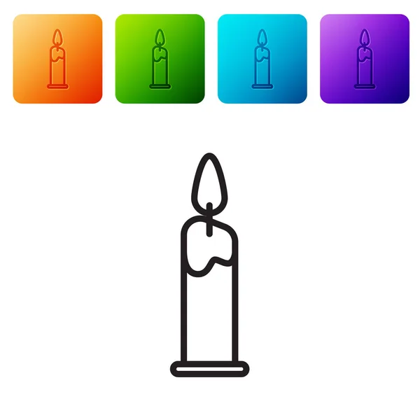 Black line Burning candle in candlestick icon isolated on white background. Cylindrical candle stick with burning flame. Set icons in color square buttons. Vector Illustration — 스톡 벡터