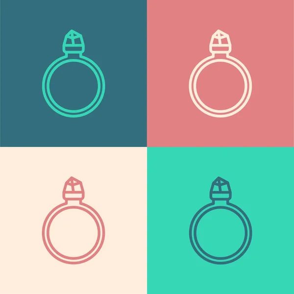 Farblinie Diamant Verlobungsring Symbol isoliert auf farbigem Hintergrund. Vektorillustration — Stockvektor