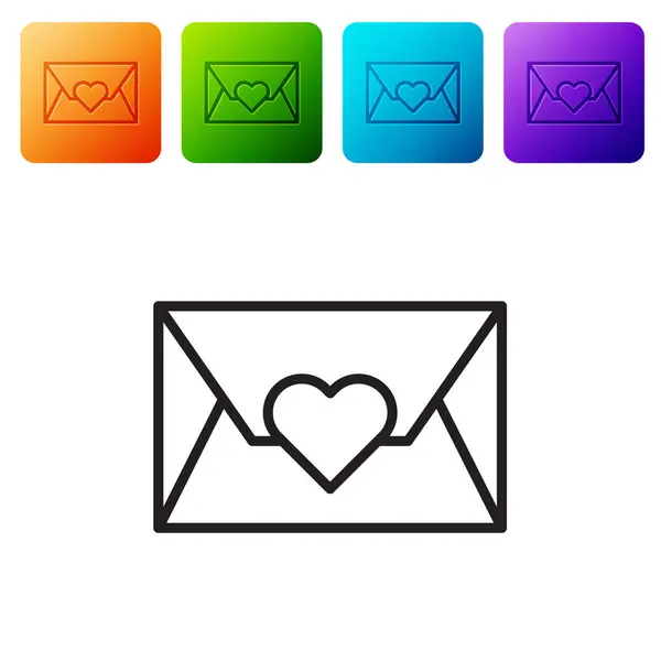 Black line Envelope with Valentine heart icon isolated on white background. Message love. Letter love and romance. Set icons in color square buttons. Vector Illustration — 스톡 벡터