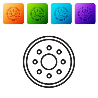 Siyah çizgi yuvarlak tahta kalkan ikonu beyaz arkaplanda izole edilmiş. Güvenlik, güvenlik, koruma, mahremiyet, koruma kavramı. Renkli kare düğmelerle simgeleri ayarla. Vektör İllüstrasyonu