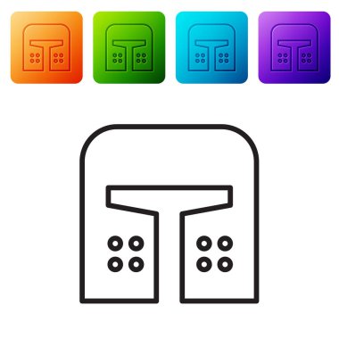 Beyaz arka planda izole edilmiş siyah çizgi Ortaçağ demir miğferi. Renkli kare düğmelerle simgeleri ayarla. Vektör İllüstrasyonu