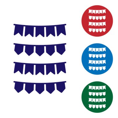 Beyaz arka planda izole edilmiş bayrak ikonlu Mavi Karnaval çelengi. Doğum günü kutlaması, festival ve güzel dekorasyon için parti flamaları. Renk simgelerini daire düğmelerine ayır. Vektör İllüstrasyonu