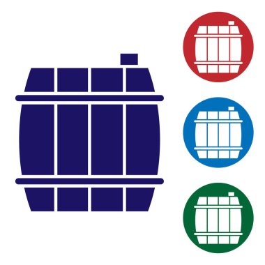 Mavi tahta varil ikonu beyaz arka planda izole edilmiş. Alkol fıçısı, içki kabı, bira için tahta fıçı, viski, şarap. Renk simgelerini daire düğmelerine ayır. Vektör İllüstrasyonu