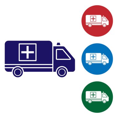 Mavi ambulans ve acil durum arabası ikonu beyaz arka planda izole edildi. Ambulans aracı tıbbi tahliye. Renk simgelerini daire düğmelerine ayır. Vektör İllüstrasyonu