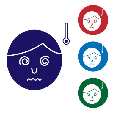 Mavi Yüksek insan vücut ısısı ya da beyaz arka planda izole edilmiş ateş ikonu. Hastalık, soğuk algınlığı, grip belirtileri. Renk simgelerini daire düğmelerine ayır. Vektör İllüstrasyonu