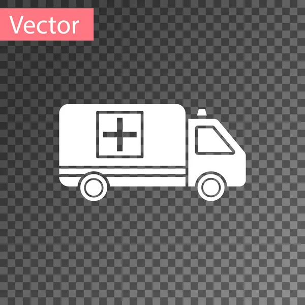 Icono blanco de ambulancia y coche de emergencia aislado sobre fondo transparente. Evacuación médica de vehículos de ambulancia. Ilustración vectorial — Vector de stock