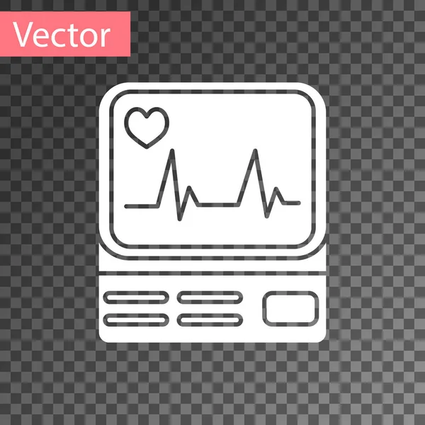 Bílý monitor s ikonou kardiogramu izolovanou na průhledném pozadí. Ikona sledování. Ecg monitor s nataženou rukou tlukoucí srdce. Vektorová ilustrace — Stockový vektor