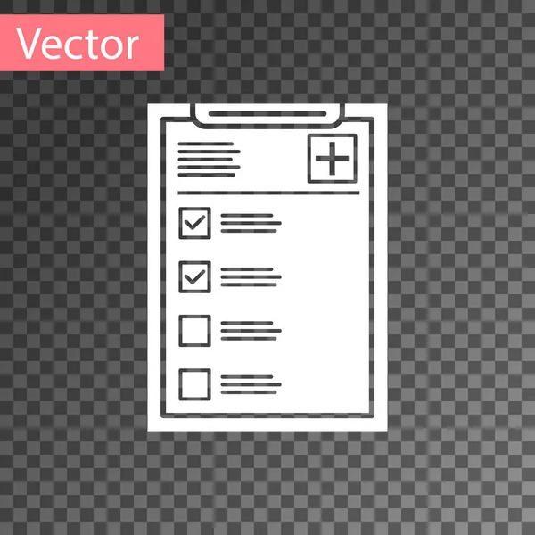 Portapapeles médico blanco con icono de historia clínica aislado sobre fondo transparente. Formulario de seguro de salud. Prescripción médica, informe de chequeo médico. Ilustración vectorial — Vector de stock