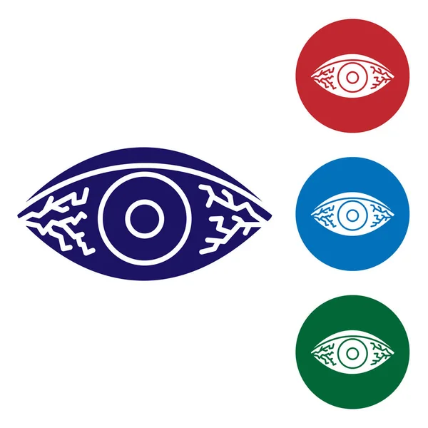 Occhio blu rossastro dovuto all'icona della congiuntivite virale, batterica o allergica isolata su sfondo bianco. Imposta le icone a colori nei pulsanti del cerchio. Illustrazione vettoriale — Vettoriale Stock