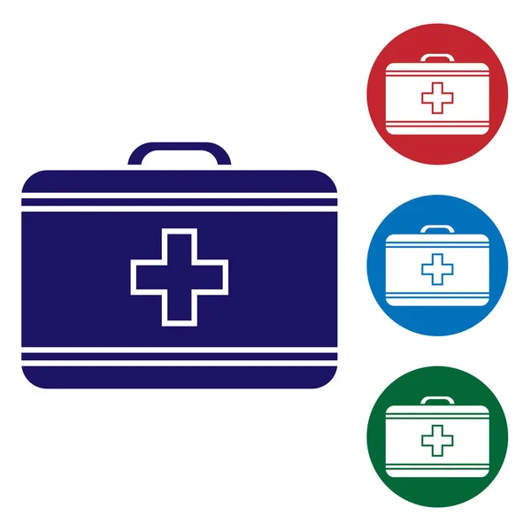 Blue First aid kit icon isolated on white background. Medical box with cross. Medical equipment for emergency. Healthcare concept. Set color icons in circle buttons. Vector Illustration — Stock Vector