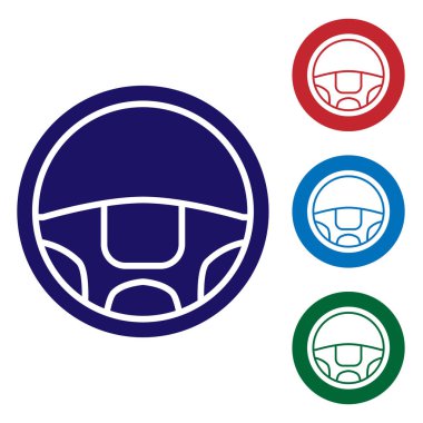 Mavi direksiyon simgesi beyaz arkaplanda izole edilmiş. Araba tekeri ikonu. Renk simgelerini daire düğmelerine ayır. Vektör İllüstrasyonu